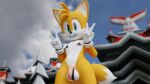  16:9 3d_(artwork) anthro balls bikini canid canine clothed clothing digital_media_(artwork) fox genitals gesture hi_res looking_at_viewer low-angle_view male mammal micro_bikini miles_prower penis sega skimpy solo sonic_the_hedgehog_(series) swimwear twintails3d v_sign widescreen 