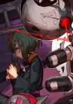  1girl arrow_(symbol) bags_under_eyes bed bedman? bolt delilah_(guilty_gear) from_side glowing glowing_eye green_hair guilty_gear guilty_gear_strive hungry_clicker looking_at_viewer looking_to_the_side mechanical_arms robot scared shaded_face short_hair 