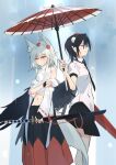  2girls animal_ears arm_under_breasts bare_shoulders black_hair breasts commentary_request crying crying_with_eyes_open detached_sleeves feathered_wings from_side hat highres holding holding_umbrella inubashiri_momiji kakaricho_dairi long_sleeves medium_hair multiple_girls oil-paper_umbrella pointy_ears pom_pom_(clothes) profile rain shameimaru_aya shared_umbrella small_breasts tears tokin_hat touhou umbrella white_hair wings wolf_ears 
