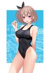  1girl arm_behind_back black_one-piece_swimsuit breasts brown_eyes commentary_request competition_swimsuit contrapposto covered_navel cowboy_shot hair_ribbon highres large_breasts light_brown_hair looking_at_viewer one-piece_swimsuit original ribbon sabi1234 short_hair solo standing swimsuit 