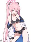  1girl bare_shoulders bikini black_bikini blue_archive blush breasts collarbone dated fang frilled_bikini frills highleg highleg_bikini highres jacket koyuki_(blue_archive) long_hair long_sleeves looking_at_viewer myeolchi navel off_shoulder open_clothes open_jacket open_mouth pink_eyes pink_hair signature simple_background small_breasts smile solo swimsuit swimsuit_under_clothes twintails very_long_hair white_background white_jacket 