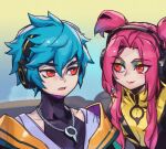  1boy 1girl alune_(league_of_legends) character_request covered_collarbone green_hair headphones heartsteel_alune heartsteel_aphelios jacket jewelry league_of_legends long_hair multicolored_background necklace parted_bangs phantom_ix_row pink_hair portrait red_eyes short_hair yellow_jacket 