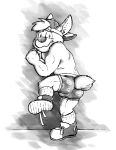  anthro avery_(vir-no-vigoratus) backwards_cap briefs bulge butt canid canine canis clothed clothing domestic_dog footwear halloween herding_dog holidays male mammal monochrome pastoral_dog print_briefs print_clothing print_underwear scared shoes socks solo topless underwear vir-no-vigoratus welsh_corgi 