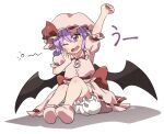  1girl arm_up back_bow bat_wings bloomers blush bow dress fang full_body hair_between_eyes hat looking_at_viewer mob_cap pink_dress purple_hair red_eyes remilia_scarlet rokugou_daisuke shadow simple_background sitting sleepy solo touhou underwear wavy_mouth white_background wings yawning 