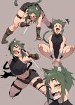  1boy absurdres animal_ears bandages bare_shoulders belt boots cat_boy cat_ears cat_tail fang fingerless_gloves gloves green_hair highres holding holding_weapon in_(ain) licking_lips male_focus midriff multiple_views open_mouth original otoko_no_ko short_shorts shorts skindentation sleeveless tail thigh_belt thigh_strap tongue tongue_out weapon yellow_eyes 
