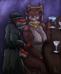  absurd_res alcohol anthro bar beverage blue_eyes breasts clothed clothing coat cocktail dragon fedora female fishnet_clothing flirting gem glass gold_digging group hat headgear headwear hi_res humanoid jewelry kinktober kobold kobolds_in_a_trenchcoat male male/female nipples ruby_(gem) simple_background size_difference skimpy standing_on_another topwear trenchcoat trio yenocwolf 