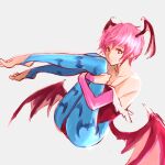  1girl 6maker absurdres animal_print bare_shoulders bat_print bat_wings demon_girl flat_chest head_wings highres holding_legs lilith_aensland looking_at_viewer pink_hair red_eyes short_hair simple_background vampire_(game) white_background wings 