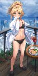  1girl black_bra black_footwear black_panties blonde_hair blue_sky blush bra breasts city cloud coffee crocs cup day fate/apocrypha fate_(series) food green_eyes highres holding holding_cup legs long_sleeves looking_at_viewer mordred_(fate) mug navel off_shoulder panties plant ponytail potted_plant railing revision shirt short_hair single_bare_shoulder sky small_breasts solo standing stomach thighs tonee underwear white_shirt 