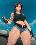  1girl abs black_lagoon blue_sky boat fenixman12 fingerless_gloves gloves grey_eyes highres looking_down meme mildly_muscular_women_think_they&#039;re_gods_(meme) muscular muscular_female red_hair revy_(black_lagoon) shorts sky smile solo tank_top tattoo toned watercraft 