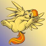  2021 butt chest_tuft digital_media_(artwork) dimfann dock equid equine eyebrows eyelashes feathered_wings feathers featureless_chest featureless_crotch feral friendship_is_magic fur hair half-closed_eyes hasbro hi_res hooves mammal my_little_pony narrowed_eyes open_mouth open_smile orange_eyes orange_hair orange_tail pegasus smile spitfire_(mlp) tail tuft underhoof wings wonderbolts_(mlp) yellow_body yellow_feathers yellow_fur 