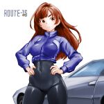  1girl black_bodysuit bodysuit breasts brown_eyes brown_hair car closed_mouth covered_navel frown hands_on_own_hips highres legs_apart long_hair long_sleeves medium_breasts minamoto80486 motor_vehicle puffy_long_sleeves puffy_sleeves route-16 simple_background solo split_mouth standing swept_bangs white_background zipper_pull_tab 