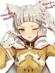  1girl animal_ear_fluff animal_ears blunt_bangs blush bodysuit commentary_request embarrassed english_text flying_sweatdrops gloves grey_hair hair_ribbon hands_up highres nia_(xenoblade) one_eye_closed open_mouth oyasu_(kinakoyamamori) ribbon short_hair solo tress_ribbon upper_body white_background white_gloves xenoblade_chronicles_(series) xenoblade_chronicles_2 yellow_bodysuit yellow_eyes yellow_ribbon 