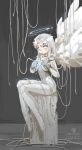  1girl absurdres android angel audio_jack cable dated feathered_wings full_body grey_background grey_hair halo hands_up headphones headphones_around_neck highres holding long_hair looking_at_viewer maintenance mechanical_parts navel ne_baozi on_top_of_pole original sitting solo white_theme wings 