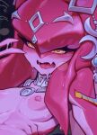  1girl bangs blush breasts colored_skin fang hair_ornament highres looking_at_viewer mipha multicolored_skin nipples open_mouth reagan_long red_skin saliva shiny_skin small_breasts solo tearing_up the_legend_of_zelda the_legend_of_zelda:_breath_of_the_wild tongue two-tone_skin upper_body yellow_eyes zora 