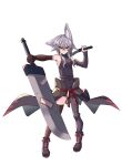  1girl animal_ear_fluff animal_ears asymmetrical_legwear bare_arms bare_shoulders black_footwear boots breasts brown_thighhighs closed_mouth grey_hair grey_pantyhose hair_between_eyes highres holding holding_sword holding_weapon huge_weapon kuro-ekaki long_hair looking_at_viewer medium_breasts original outstretched_arm pantyhose red_eyes short_eyebrows simple_background single_leg_pantyhose solo sword thick_eyebrows thighhighs unaligned_ears weapon weapon_request white_background 