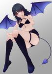  1girl ass bare_shoulders black_bra black_collar black_footwear black_hair black_panties black_skirt blush boots bra breasts collar commentary demon_girl demon_tail demon_wings detached_collar dot_nose fake_tail fake_wings finger_to_mouth flying full_body gradient_background grey_background hand_on_own_knee hand_up highres idolmaster idolmaster_shiny_colors kazano_hiori knee_boots long_hair looking_at_viewer midriff miyar2d2 mole mole_under_mouth panties pencil_skirt purple_eyes side_slit skirt small_breasts smile solo tail thigh_strap tongue tongue_out underwear wings 