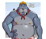  armor belly bodily_fluids hard_hat headgear helmet hi_res hunter-husky illumination_entertainment kerchief male mammal marine mason_(sing) nanothehedgehog navel neckerchief nipples overweight pinniped red_kerchief red_neckerchief shirtless sing_(movie) solo sweat sweaty_body tusks walrus 