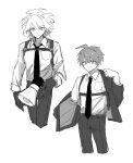  2boys aemono_(lemolemo_lmn) ahoge breast_pocket closed_mouth collared_shirt cropped_legs danganronpa:_trigger_happy_havoc danganronpa_(series) danganronpa_2:_goodbye_despair gloves highres jacket komaeda_nagito male_focus messy_hair multiple_boys naegi_makoto necktie off_shoulder open_clothes open_jacket pants pocket shirt short_hair simple_background white_background 