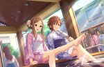  4girls :d aqua_eyes asymmetrical_hair bare_legs barefoot brown_hair closed_mouth dutch_angle earrings feet feet_out_of_frame flower foot_out_of_frame forehead game_cg green_eyes grey_nails hair_between_eyes hair_flower hair_ornament hand_fan holding idolmaster idolmaster_cinderella_girls idolmaster_cinderella_girls_starlight_stage indoors japanese_clothes jewelry kiba_manami kimono knees_together_feet_apart legs lens_flare looking_at_another matsuyama_kumiko multiple_girls nail_polish obi obijime official_art open_mouth paper_fan parted_bangs pink_kimono sash short_hair sitting smile soaking_feet soles splashing toes uchiwa 