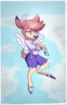  absurd_res angel anthro cloud deer deerie_(helluva_boss) female flying helluva_boss hi_res hooves looking_at_viewer mammal muffinlicious purple_eyes semi-anthro smile solo solo_focus wings 