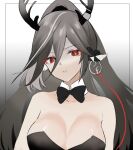  1girl animal_ears antlers arknights bare_shoulders black_bow black_bowtie black_leotard bow bowtie breasts cleavage collar detached_collar dr.lamina gradient_background grey_background grey_hair hair_between_eyes highres large_breasts leotard long_hair looking_at_viewer parted_lips playboy_bunny ponytail qiubai_(arknights) red_eyes solo strapless strapless_leotard turn_pale upper_body white_background white_collar wing_collar 