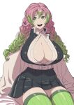  1girl arms_at_sides belt braid breasts butcherboy center_opening collared_shirt curvy demon_slayer_uniform double-parted_bangs gradient_hair green_eyes green_hair green_thighhighs hair_between_eyes haori huge_breasts japanese_clothes kanroji_mitsuri kimetsu_no_yaiba long_hair looking_at_viewer miniskirt mole mole_under_eye multicolored_hair no_bra open_mouth partially_unbuttoned pink_hair pleated_skirt ribbed_thighhighs ringed_eyes shirt sitting skirt smile solo thighhighs tongue twin_braids two-tone_hair very_long_hair white_belt wing_collar zettai_ryouiki 