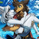  &lt;3 2023 anthro belt biped bridal_carry brown_body brown_fur canid canine canis carpetwurm carrying carrying_another carrying_partner clothed clothing colored detailed_background duo female fur green_eyes hi_res kotu_(carpetwurm) male mammal outside white_body white_fur wolf 