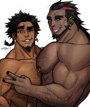  2boys abs arm_hair bara beard black_hair braid braided_ponytail chest_hair dark-skinned_male dark_skin facial_hair forehead forked_tongue from_side goatee hairy hand_hair huge_eyebrows knuckle_hair large_pectorals long_sideburns looking_at_viewer male_focus masa_(mshk_s) mature_male multicolored_hair multiple_boys muscular muscular_male nipple_piercing nipple_rings nipples nude original pectorals piercing pink_hair seductive_smile sideburns sideburns_stubble smile streaked_hair thick_eyebrows thick_neck tongue tooth_earrings tribal v yaoi 