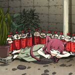  1girl absurdres alcohol animal_ears black_ribbon bocchi_the_rock! brick brick_wall cat_ears cat_girl cat_tail clog_sandals commentary dress empty_bottle goumonsha green_dress hair_ribbon highres hiroi_kikuri lying on_ground plant potted_plant purple_eyes purple_hair ribbon sleeping tail utility_pole 