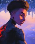  1boy black_bodysuit bodysuit brown_eyes cityscape commentary dark-skinned_male dark_skin english_commentary highres looking_at_viewer male_focus marvel miles_morales portrait sam_yang short_hair smile solo spider-man:_across_the_spider-verse spider-man_(miles_morales) spider-man_(series) 