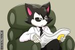  anthro bone bottomwear canid canine canis clothing crow_(thedeathcrow) furniture hi_res male mammal meme necktie newspaper pants shirt simple_background sofa solo thedeathcrow05 tom_reading_the_newspaper topwear white_eyes wolf 