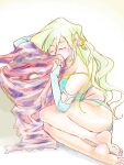  1girl aged_up barefoot breasts closed_eyes closed_mouth detached_sleeves feet final_fantasy final_fantasy_iv green_hair green_leotard hair_ornament leotard long_hair nekomrao rydia_(ff4) simple_background soles solo toes white_background 