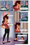  annoyed anthro bedroom breasts brown_hair chance_the_rabbit cleavage clothed clothing comic divine_acid ears_tied_back eyewear female glasses green_clothing hair hi_res lagomorph leporid lordmarukio male mammal rabbit series sniffing speech_bubble suspenders 