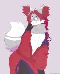  2022 absurd_res anthro black_body black_fur blush blush_lines bootyfeather clothed clothing delphox dipstick_ears dipstick_tail fur generation_6_pokemon green_eyes grey_background grey_body grey_fur hair half-length_portrait hand_on_mouth hi_res inner_ear_fluff looking_away male markings multicolored_body multicolored_ears multicolored_fur neck_tuft nintendo open_clothing open_robe pokemon pokemon_(species) portrait purple_body purple_fur red_body red_clothing red_fur red_hair red_nose red_robe robe shiny_pokemon simple_background smile solo tail tail_markings tuft white_body white_fur 