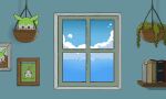  animated animated_gif basket blinking blue_sky book bookshelf closed_mouth cloud commentary_request day hanging_plant horizon indoors looking_at_viewer looping_animation no_humans photo_(object) picture_frame sky smile solo susukisugar voiceroid window zundamon 