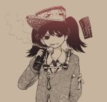  1girl arm_behind_back character_name cigarette commentary_request holding japanese_clothes kantai_collection kariginu magatama monochrome nib_pen_(medium) ribbon-trimmed_sleeves ribbon_trim ryuujou_(kancolle) satou_ikken smoke smoking solo traditional_media twintails upper_body visor_cap 