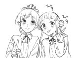 2girls absurdres arashi_chisato blush bow closed_mouth collared_shirt commentary_request double_bun dress_shirt greyscale hair_bow hair_bun hazuki_ren highres jacket kashikaze long_hair long_sleeves looking_at_viewer love_live! love_live!_superstar!! medium_hair monochrome multiple_girls open_clothes open_jacket ponytail shirt simple_background single_sidelock tongue tongue_out translation_request upper_body v 