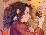  1boy 1other aged_down black_hair blurry blurry_foreground closed_mouth commentary_request expressionless falling_leaves hand_up holding japanese_clothes kimetsu_no_yaiba kimono leaf long_sleeves lying male_focus maple_leaf medium_hair multicolored_hair on_side oyumai parted_bangs pinecone profile red_eyes red_hair red_kimono seed sidelocks solo_focus streaked_hair tsugikuni_yoriichi upper_body wooden_floor 