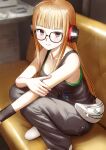  1girl ahoge bare_arms behind-the-head_headphones black_tank_top blunt_bangs blurry blurry_background breasts closed_mouth collarbone couch fagi_(kakikaki) fanny_pack grey_pants headphones highres indoors long_hair no_shoes on_couch orange_hair pants persona persona_5 purple_eyes sakura_futaba small_breasts smile socks solo squatting tank_top white_socks wristband 