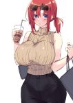  1girl bag blue_eyes blush boudica_(fate) breasts collar covered_nipples cup fate/grand_order fate_(series) highres holding holding_cup large_breasts red_hair satou_(kuso-neet) short_hair sunglasses sweater white_background 