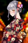  1girl alternate_costume alternate_hairstyle blush carmilla_(fate) celtic_cross commentary_request cross cross_earrings earrings english_commentary fate/grand_order fate_(series) floral_print flower green_nails grey_hair hair_flower hair_ornament hair_up highres japanese_clothes jewelry kimono looking_at_viewer monkey_jon nail_polish print_kimono sidelocks solo upper_body yellow_eyes yukata 