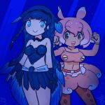  2girls air_bubble belt blue_eyes blue_hair blunt_bangs blush_stickers bracer braid bubble c: chibi closed_mouth coelacanth_(kemono_friends) crop_top cropped_shirt dated fins freediving green_eyes hair_between_eyes head_fins highres inada_roku japanese_pancake_devilfish_(kemono_friends) kemono_friends long_hair long_sleeves medium_hair microskirt midriff multicolored_hair multiple_girls navel open_mouth pantyhose pink_hair side-by-side skirt smile stomach strapless submerged tentacle_hair twin_braids twitter_username two-tone_hair underwater very_long_hair water 