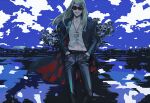  1boy black_jacket black_pants blonde_hair fate/grand_order fate_(series) flapper_shirt jacket jewelry long_hair looking_at_viewer male_focus medallion midriff midriff_peek navel necklace open_clothes open_jacket orange-tinted_eyewear outdoors pants sei_8220 shirt smile solo sunglasses tezcatlipoca_(fate) tinted_eyewear white_shirt 