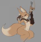  2021 aggressykhressy anthro bandit_hermit_(gunfire_reborn) canid canine clothing eyes_closed female flat_chested fox fur gloves grey_background gun gunfire_reborn handwear hi_res holding_gun holding_object holding_weapon mammal mostly_nude nipples portrait ranged_weapon scarf simple_background sitting smile solo tan_body tan_fur three-quarter_portrait weapon 