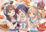  3girls :3 :d ;d angel_wings arm_support arm_up back_bow bare_arms bare_shoulders blonde_hair blouse blue_bow blue_eyes blue_hair blunt_bangs boned_meat bow bowl bowtie broccoli brown_eyes burger cherry_tomato claw_pose collarbone crop_top d: dark_blue_hair dot_nose drill_hair egg_(food) eyepatch fake_halo fake_wings fangs feathered_wings finger_to_another&#039;s_cheek finger_to_cheek fish food food-themed_background food_art french_fries frilled_hairband frilled_shirt frills fruit fur_halo furrowed_brow hair_between_eyes hair_bow hair_strand hairband halo hand_up hands_on_another&#039;s_shoulders hardboiled_egg hayasaka_mirei heart-shaped_food highres idolmaster idolmaster_cinderella_girls idolmaster_cinderella_girls_starlight_stage index_finger_raised ketchup light_brown_hair lolita_hairband long_hair looking_at_viewer low_twintails meat meisa midriff morikubo_nono multicolored_hair multiple_girls multiple_hair_bows nail_polish navel noodles one_eye_closed one_eye_covered open_mouth parted_lips pink_shirt plaid plaid_bow plaid_bowtie plaid_shirt purple_hair quad_tails ramen red_bow red_shirt ribbon sailor_collar sailor_shirt sakuma_mayu sandwich shirt side-by-side signature sleeveless sleeveless_shirt smile straight-on strawberry streaked_hair swept_bangs teeth tentacles tomato twintails under_the_desk_(idolmaster) upper_body upper_teeth_only v-shaped_eyebrows wavy_mouth white_bow white_bowtie white_hairband white_ribbon white_sailor_collar white_shirt white_wings wings wrist_cuffs 