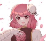  1girl bandaged_arm bandages bun_cover commentary double_bun flower hair_bun highres ibaraki_kasen looking_at_viewer open_mouth petals pink_eyes pink_flower pink_hair pipita short_hair simple_background smile solo touhou upper_body white_background 