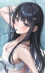  1girl absurdres bangs bare_shoulders black_hair blush breasts cleavage crop_top earrings faucet hair_ornament hairclip highres jewelry large_breasts long_hair looking_at_viewer myowa original solo stud_earrings toothbrush_in_mouth unfinished very_long_hair 