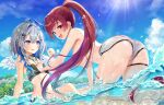  2girls :d absurdres all_fours amane_kanata angel_wings beach bikini_top_removed blue_sky breasts cloud day flat_chest floating_hair grabbing grabbing_another&#039;s_breast grey_hair heterochromia high_ponytail highres hololive houshou_marine houshou_marine_(4th_costume) large_breasts long_hair looking_at_another looking_at_viewer multicolored_hair multiple_girls ocean outdoors purple_eyes red_eyes red_hair sky smile streaked_hair sunlight thigh_strap thighs very_long_hair wardrobe_malfunction water wellsy wet wings yellow_eyes 