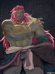  1boy abs absurdres arm_hair bara black_kimono bracelet clothes_down colored_skin earrings feet_out_of_frame forearms ganondorf green_skin highres huge_eyebrows japanese_clothes jewelry kimono large_hands large_pectorals long_hair looking_to_the_side male_focus multiple_earrings muscular muscular_male navel_hair o2h_(oblivionh) official_alternate_costume pants pectorals pointy_ears red_hair shoulder_tattoo solo standing stomach tattoo the_legend_of_zelda the_legend_of_zelda:_tears_of_the_kingdom undressing veins veiny_arms 