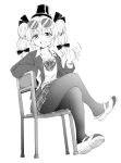  1girl bangle bow bracelet collared_shirt crossed_legs eyewear_on_head full_body greyscale hair_between_eyes hair_bow hat highres jacket jewelry long_sleeves looking_at_viewer mini_hat mini_top_hat monochrome naegi_(naegidokoro) on_chair open_clothes open_jacket pantyhose plaid plaid_bow plaid_skirt pleated_skirt ring round_eyewear school_uniform shirt shoe_dangle shoes simple_background sitting skirt smile solo sweater_vest top_hat touhou twintails uwabaki white_background yorigami_jo&#039;on 